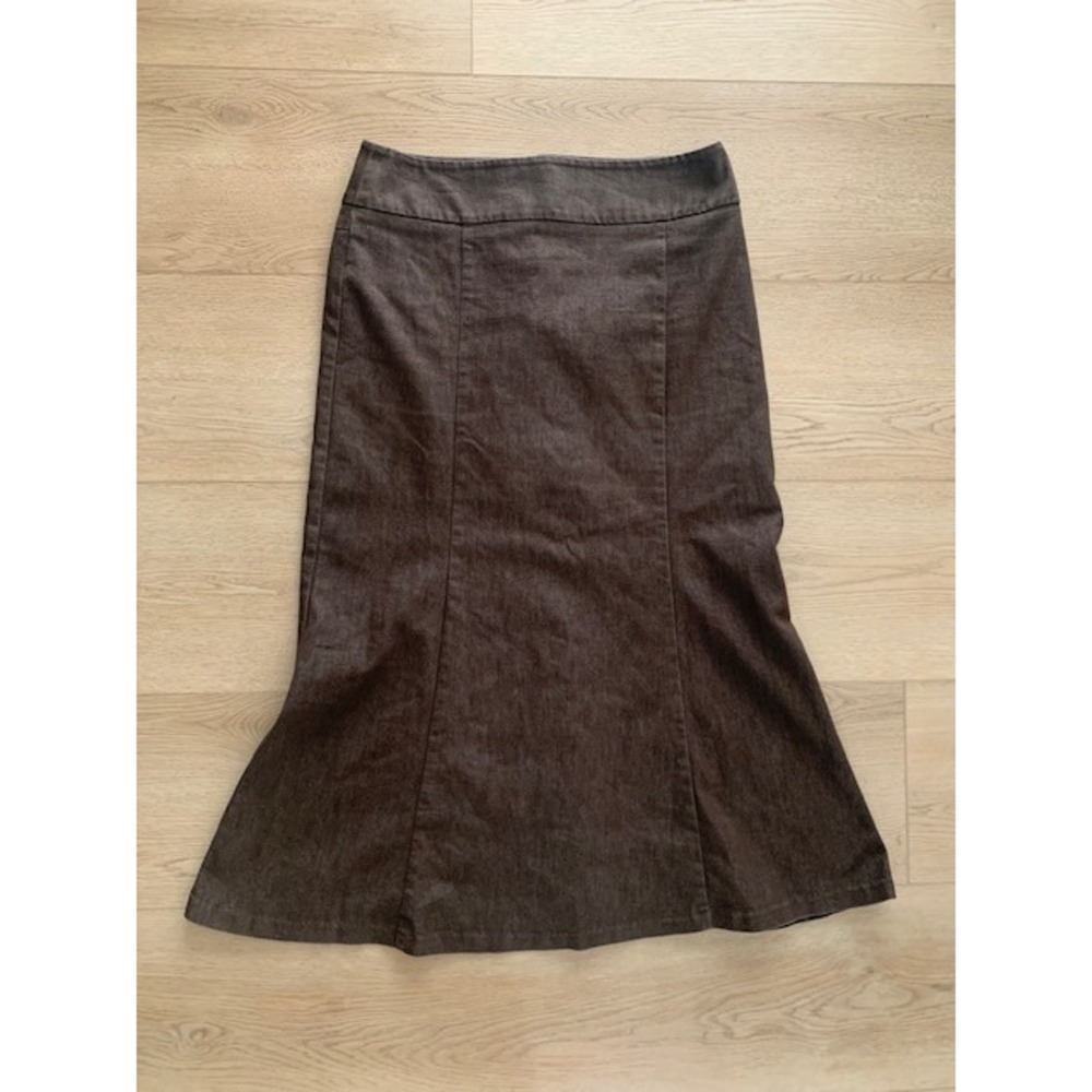 New York Clothing Co Brown Denim Mermaid Maxi Skirt Stretchy Paneled Size 10 - Picture 2 of 7